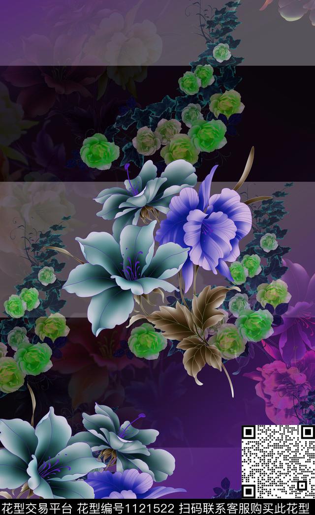 花卉定位花渐变数码印花华亿平台下载（图片编号: 1121522） - 瓦栏（Walan）