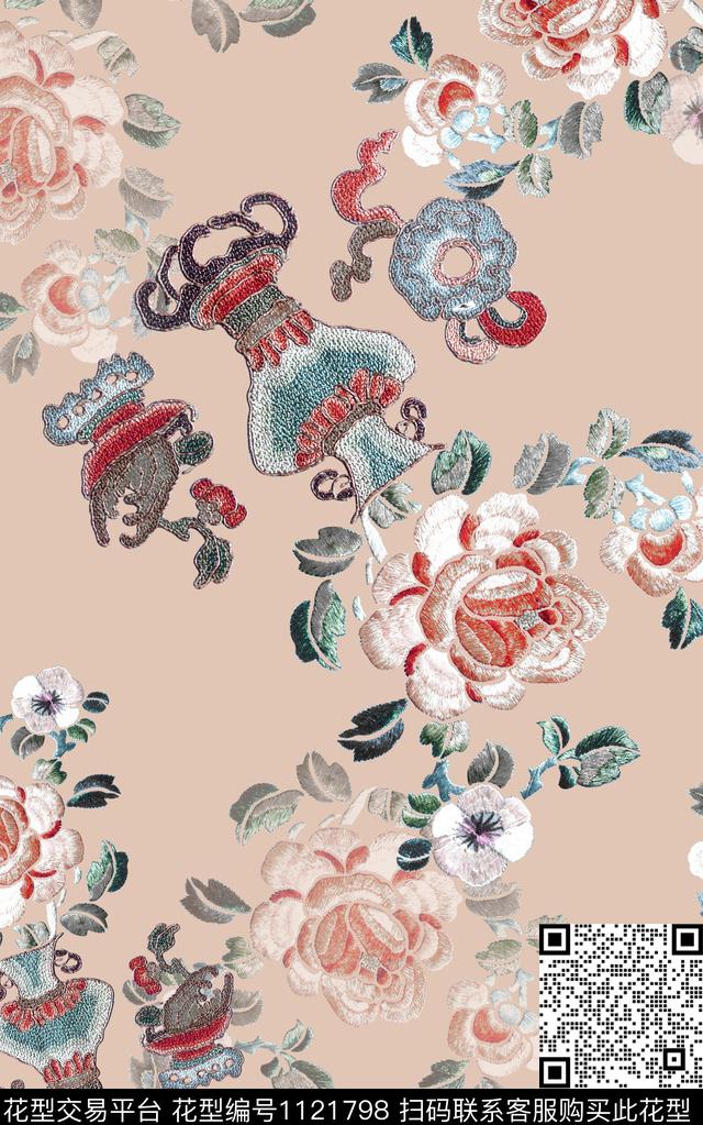 绣花华亿平台中国风延禧宫略数码印花华亿平台下载（图片编号: 1121798） - 瓦栏（Walan）