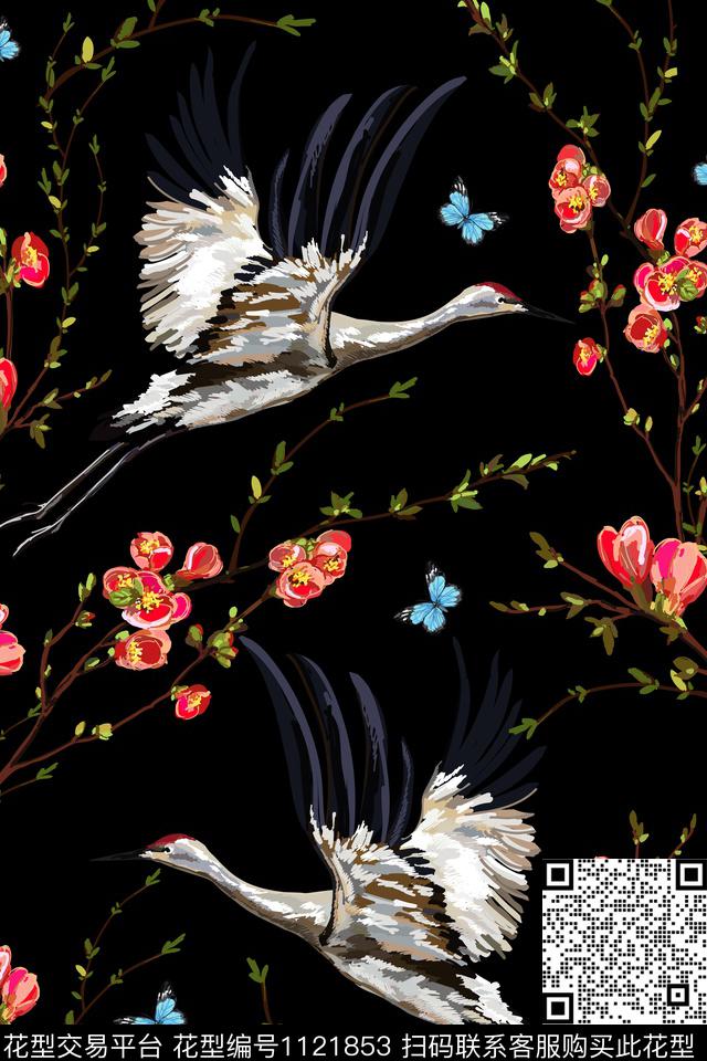 仙鹤民族风花卉数码印花华亿平台下载（图片编号: 1121853） - 瓦栏（Walan）