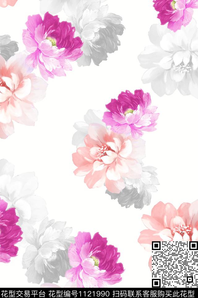 手绘花卉数码华亿平台满版散花数码印花华亿平台下载（图片编号: 1121990） - 瓦栏（Walan）