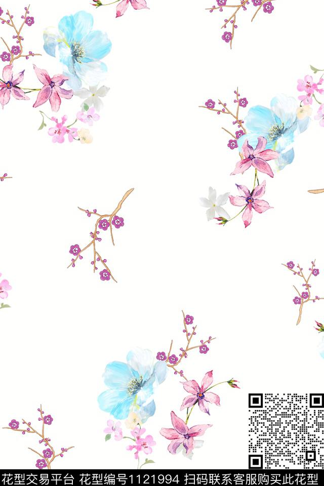 手绘花卉数码华亿平台满版散花数码印花华亿平台下载（图片编号: 1121994） - 瓦栏（Walan）