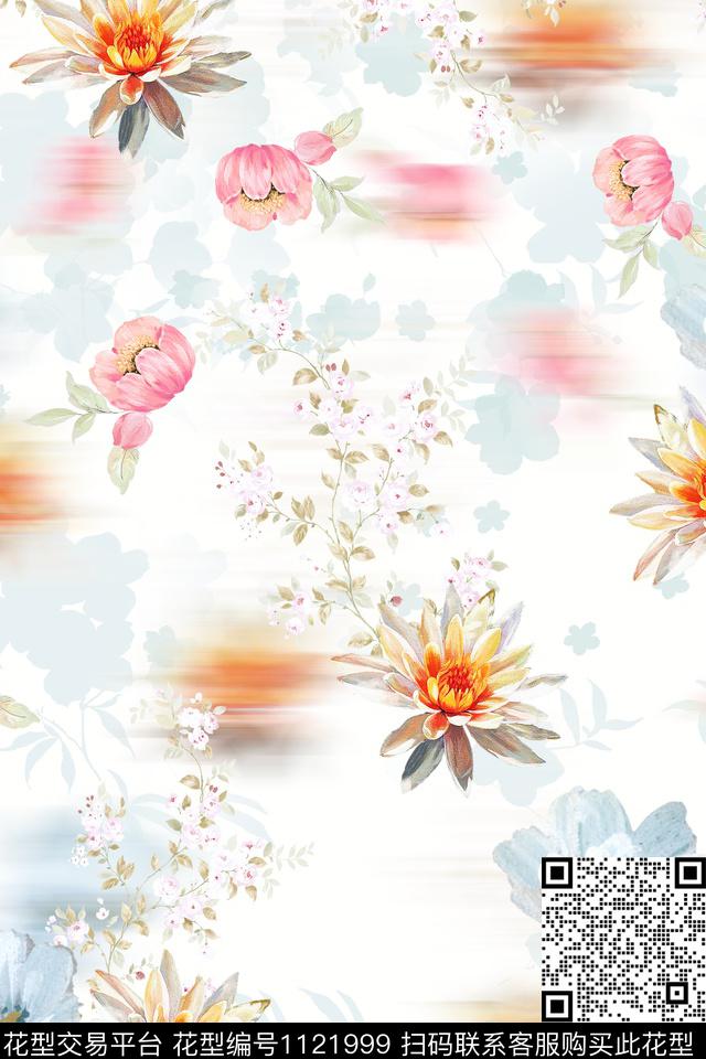 手绘花卉数码华亿平台满版散花数码印花华亿平台下载（图片编号: 1121999） - 瓦栏（Walan）