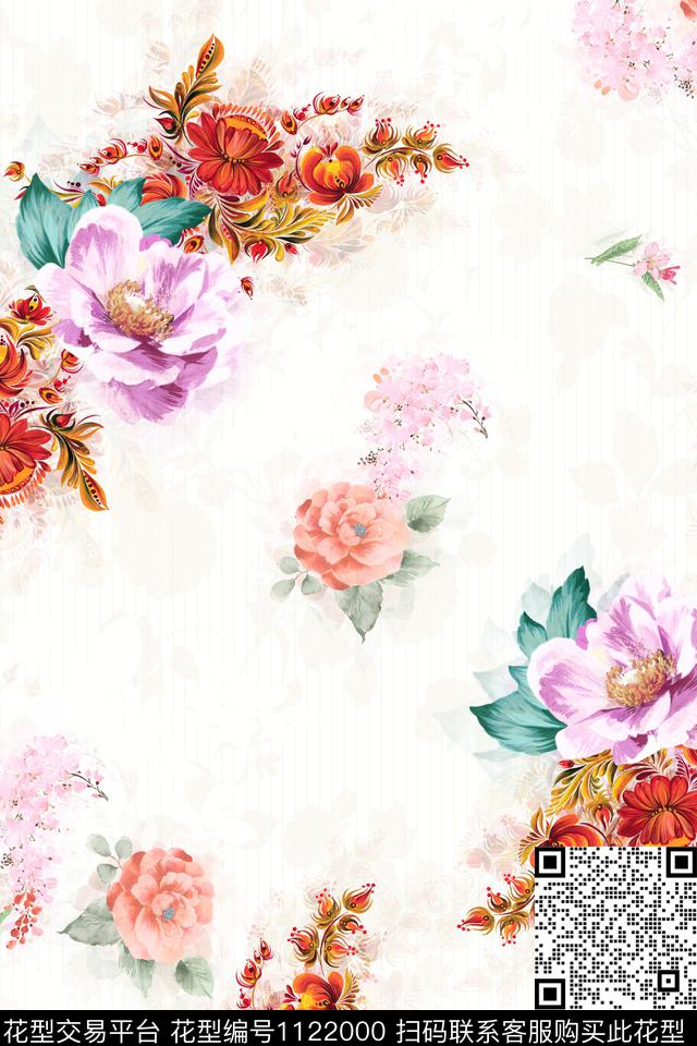 手绘花卉数码华亿平台满版散花数码印花华亿平台下载（图片编号: 1122000） - 瓦栏（Walan）