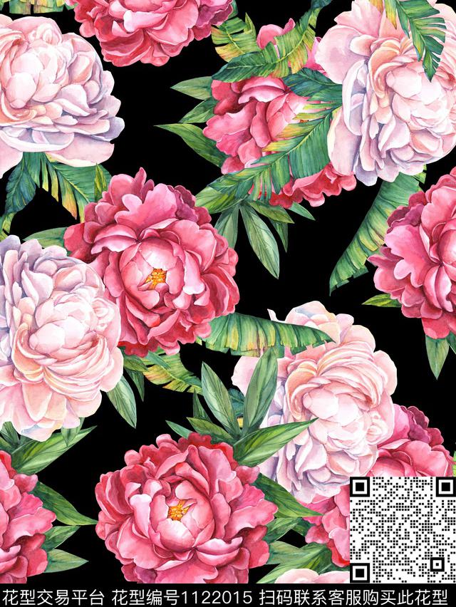 大花黑底花夲玫瑰花牡丹花数码印花华亿平台下载（图片编号: 1122015） - 瓦栏（Walan）