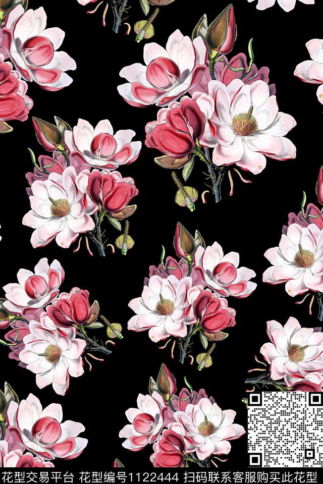 玉兰花女装手绘花卉数码印花华亿平台下载（图片编号: 1122444） - 瓦栏（Walan）