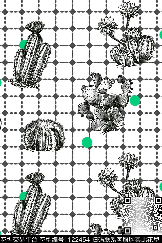 格子热带华亿平台仙人掌传统印花华亿平台下载（图片编号: 1122454） - 瓦栏（Walan）
