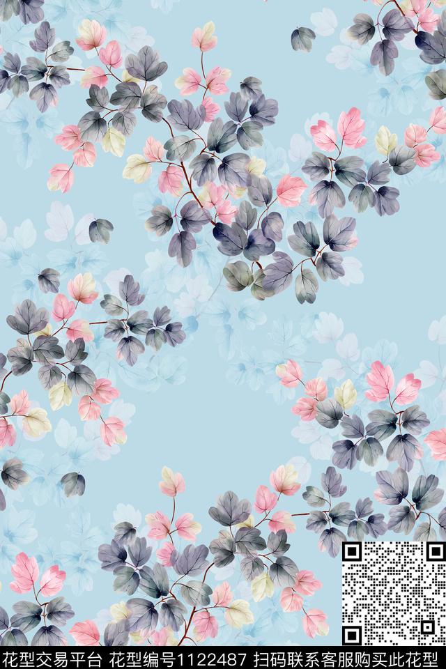水彩手绘叶子炫彩数码印花华亿平台下载（图片编号: 1122487） - 瓦栏（Walan）