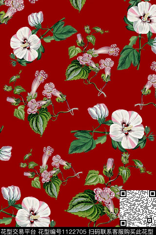 女装手绘花卉牵牛花数码印花华亿平台下载（图片编号: 1122705） - 瓦栏（Walan）