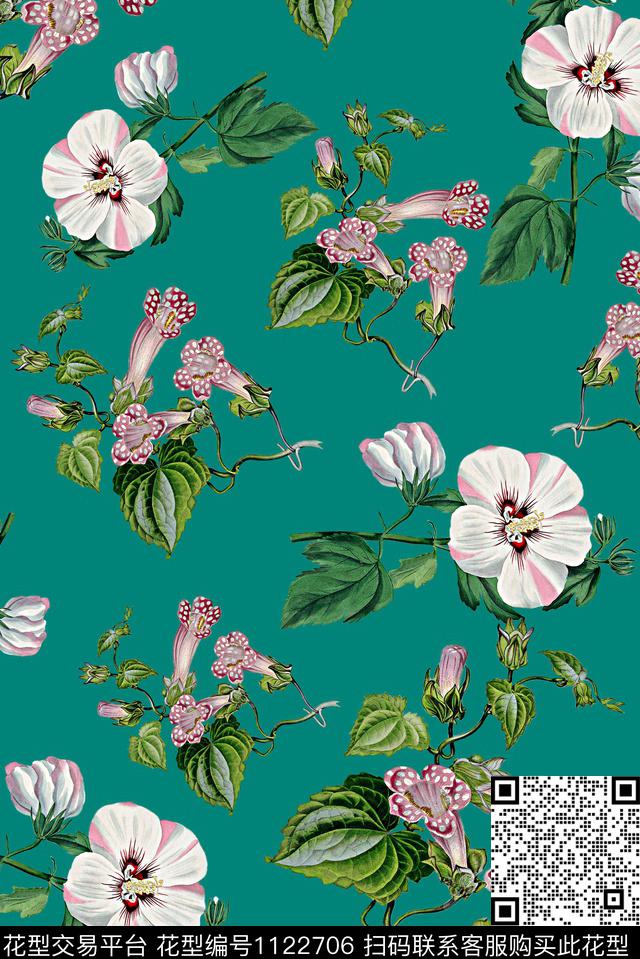 女装手绘花卉牵牛花数码印花华亿平台下载（图片编号: 1122706） - 瓦栏（Walan）
