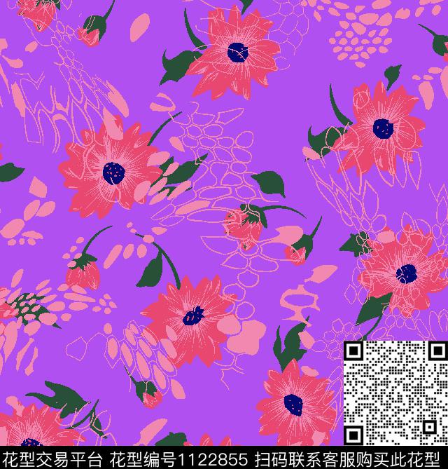 涂鸦花卉几何传统印花华亿平台下载（图片编号: 1122855） - 瓦栏（Walan）