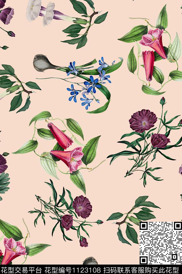 兰花女装手绘花卉数码印花华亿平台下载（图片编号: 1123108） - 瓦栏（Walan）