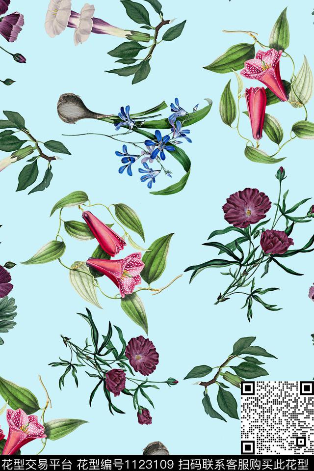 兰花女装手绘花卉数码印花华亿平台下载（图片编号: 1123109） - 瓦栏（Walan）