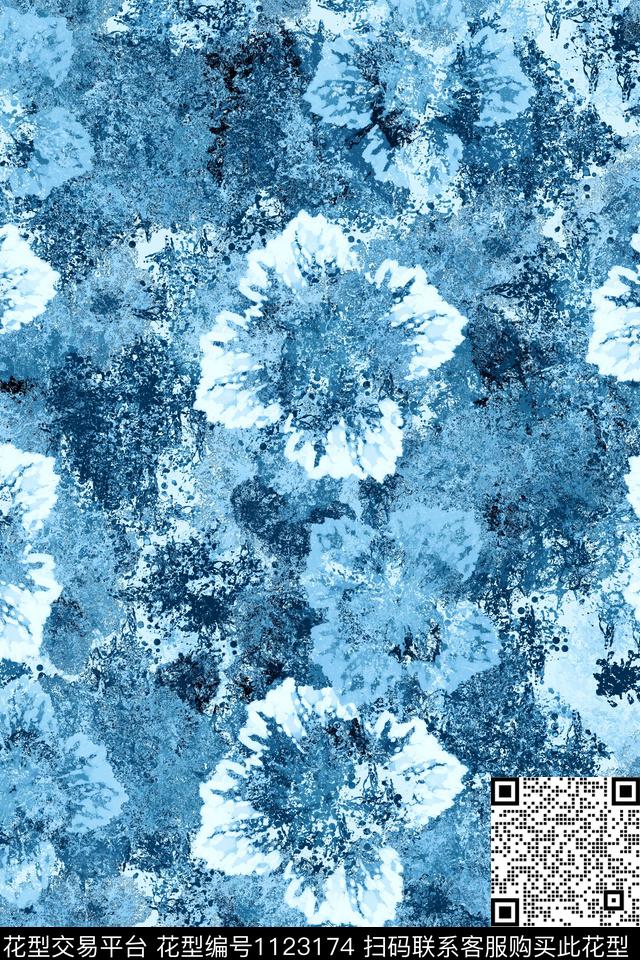 肌理风格化花卉靛蓝传统印花华亿平台下载（图片编号: 1123174） - 瓦栏（Walan）