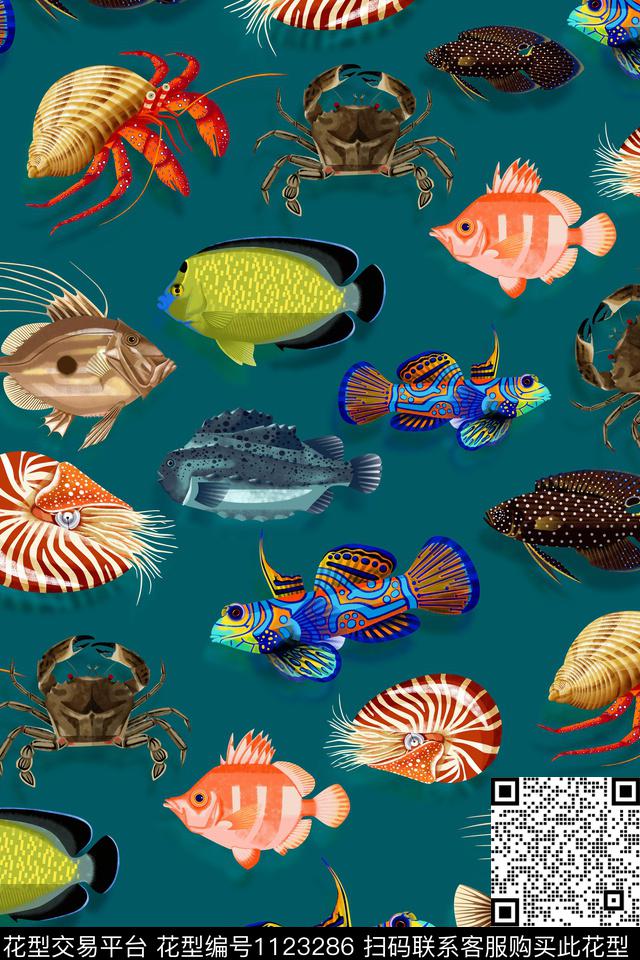 趣味鱼手绘数码印花华亿平台下载（图片编号: 1123286） - 瓦栏（Walan）