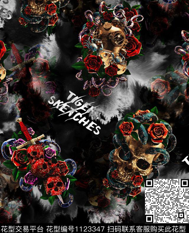 抽象花卉骷髅数码印花华亿平台下载（图片编号: 1123347） - 瓦栏（Walan）
