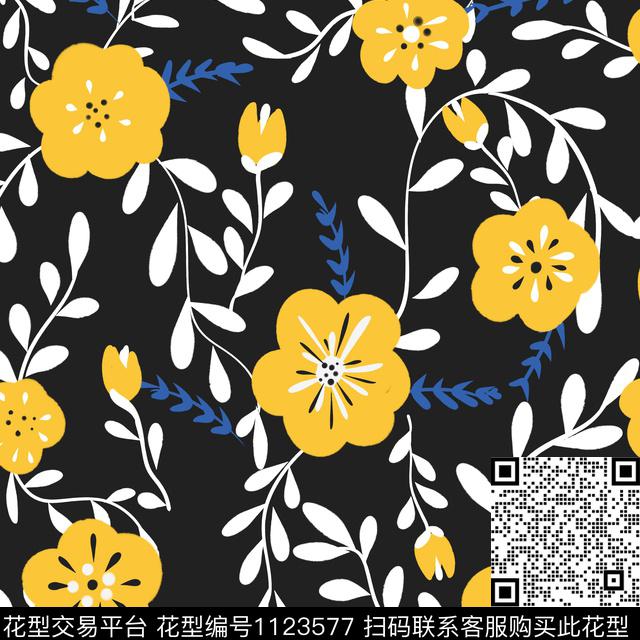 手绘花卉黑底花卉花卉数码印花华亿平台下载（图片编号: 1123577） - 瓦栏（Walan）