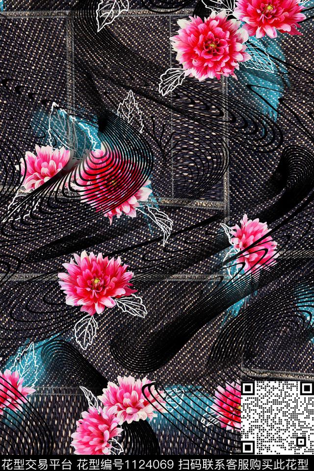 花卉牛仔纹理拼贴线条数码印花华亿平台下载（图片编号: 1124069） - 瓦栏（Walan）