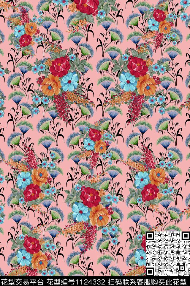 花卉清爽手绘数码印花华亿平台下载（图片编号: 1124332） - 瓦栏（Walan）