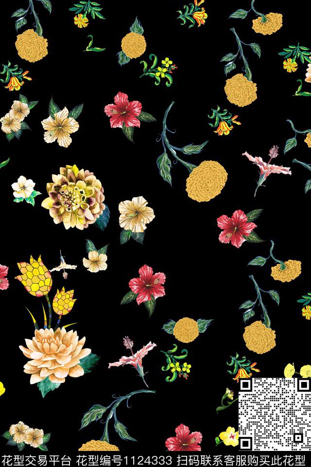 花卉清爽手绘数码印花华亿平台下载（图片编号: 1124333） - 瓦栏（Walan）