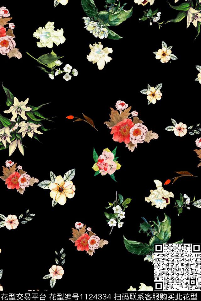 花卉清爽手绘数码印花华亿平台下载（图片编号: 1124334） - 瓦栏（Walan）