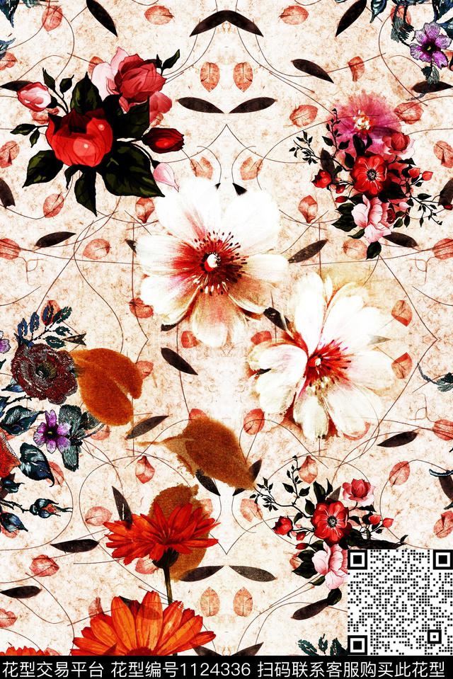 花卉清爽手绘数码印花华亿平台下载（图片编号: 1124336） - 瓦栏（Walan）