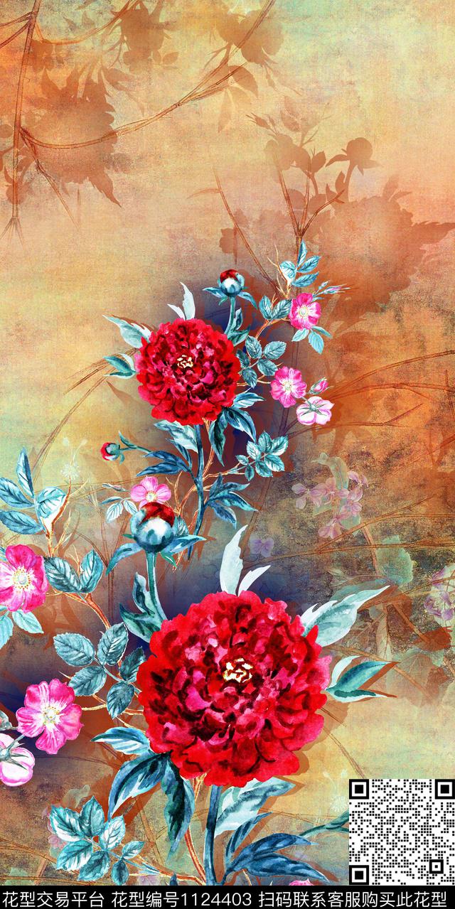中国风大花中老年数码印花华亿平台下载（图片编号: 1124403） - 瓦栏（Walan）