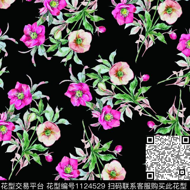 手绘花卉数码华亿平台满版散花数码印花华亿平台下载（图片编号: 1124529） - 瓦栏（Walan）