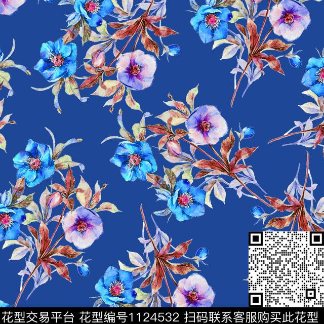 手绘花卉数码华亿平台满版散花数码印花华亿平台下载（图片编号: 1124532） - 瓦栏（Walan）
