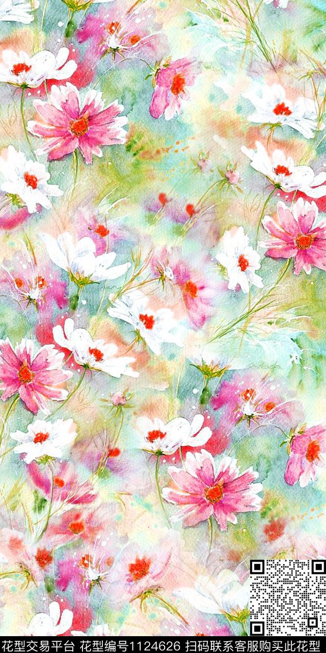 数码华亿平台花卉水彩花卉数码印花华亿平台下载（图片编号: 1124626） - 瓦栏（Walan）