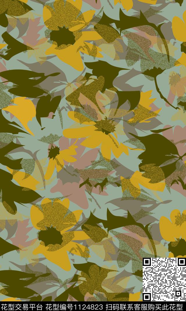 手绘花卉菊花黄花数码印花华亿平台下载（图片编号: 1124823） - 瓦栏（Walan）