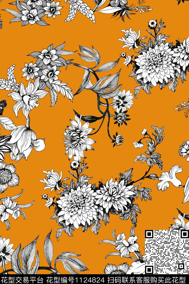 手绘花卉抽象花卉数码印花华亿平台下载（图片编号: 1124824） - 瓦栏（Walan）