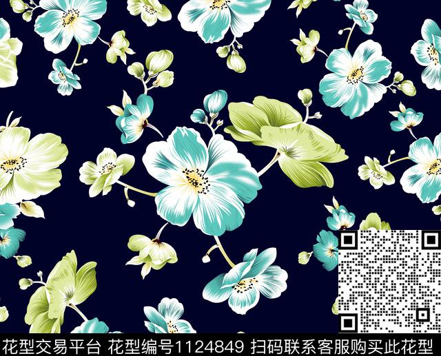 花卉藏青大牌风传统印花华亿平台下载（图片编号: 1124849） - 瓦栏（Walan）