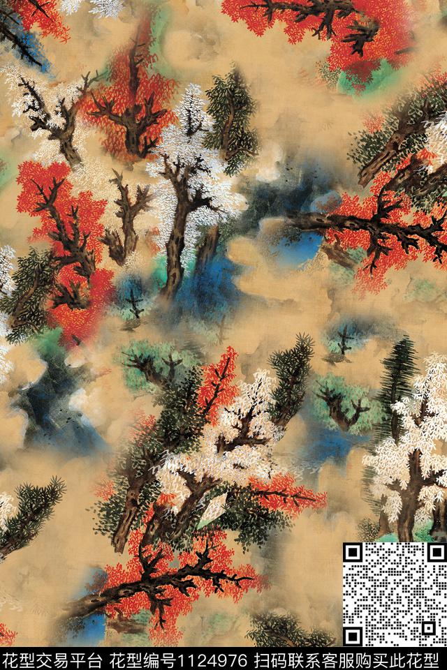 手绘花卉树时尚沉稳数码印花华亿平台下载（图片编号: 1124976） - 瓦栏（Walan）