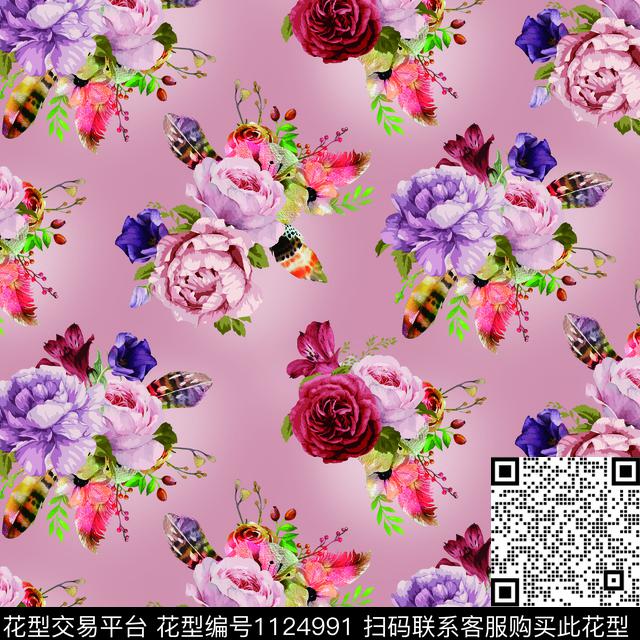 手绘大花大牌风清新大气数码印花华亿平台下载（图片编号: 1124991） - 瓦栏（Walan）