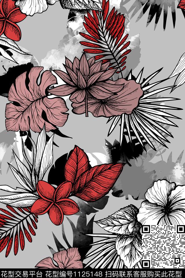 热带华亿平台绿植树叶花卉植物传统印花华亿平台下载（图片编号: 1125148） - 瓦栏（Walan）