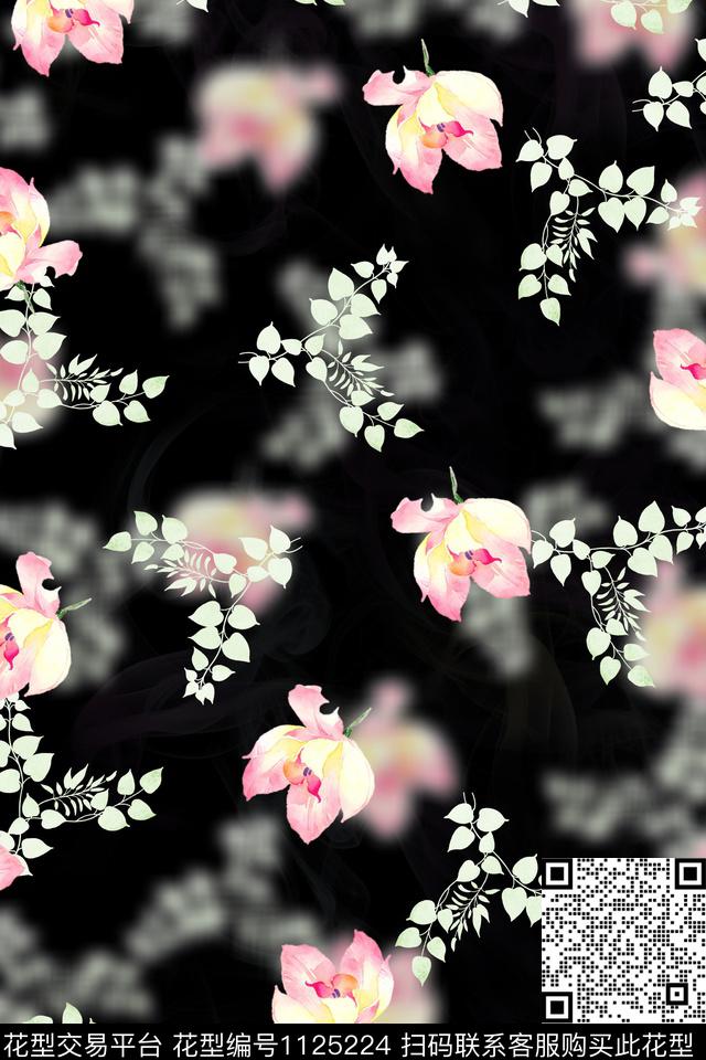 小碎花数码华亿平台黑底花卉数码印花华亿平台下载（图片编号: 1125224） - 瓦栏（Walan）