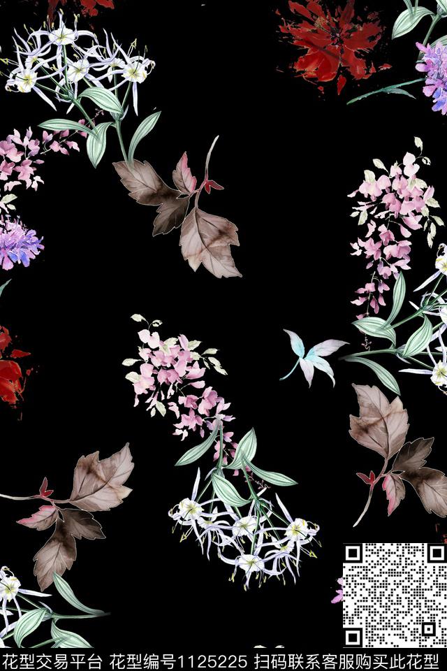 小碎花数码华亿平台黑底花卉数码印花华亿平台下载（图片编号: 1125225） - 瓦栏（Walan）
