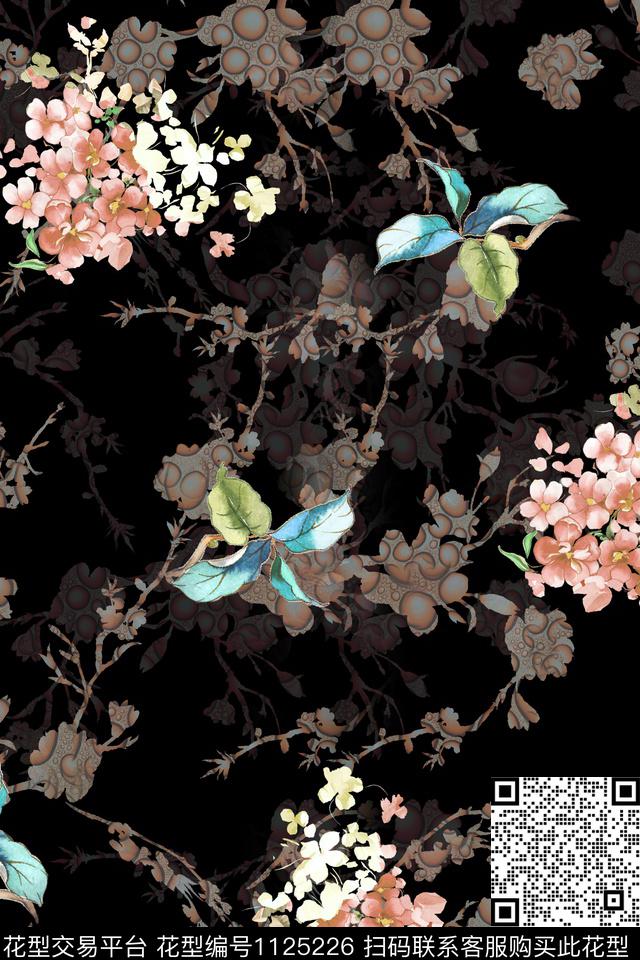 小碎花数码华亿平台黑底花卉数码印花华亿平台下载（图片编号: 1125226） - 瓦栏（Walan）