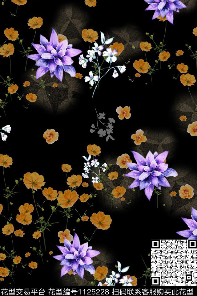 小碎花数码华亿平台黑底花卉数码印花华亿平台下载（图片编号: 1125228） - 瓦栏（Walan）