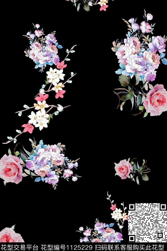 小碎花数码华亿平台黑底花卉数码印花华亿平台下载（图片编号: 1125229） - 瓦栏（Walan）