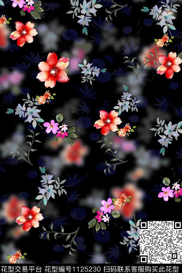 小碎花数码华亿平台黑底花卉数码印花华亿平台下载（图片编号: 1125230） - 瓦栏（Walan）