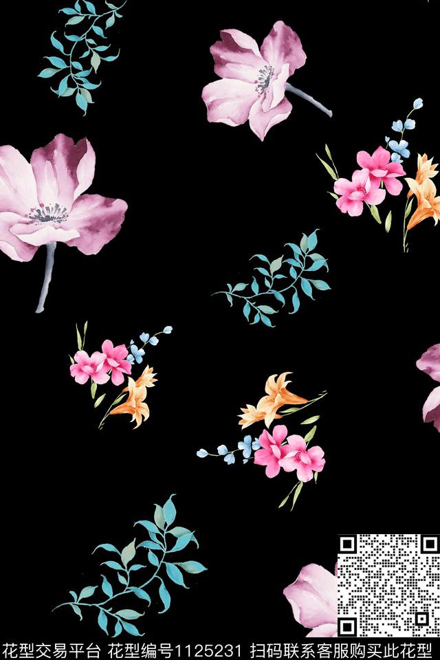 小碎花数码华亿平台黑底花卉数码印花华亿平台下载（图片编号: 1125231） - 瓦栏（Walan）