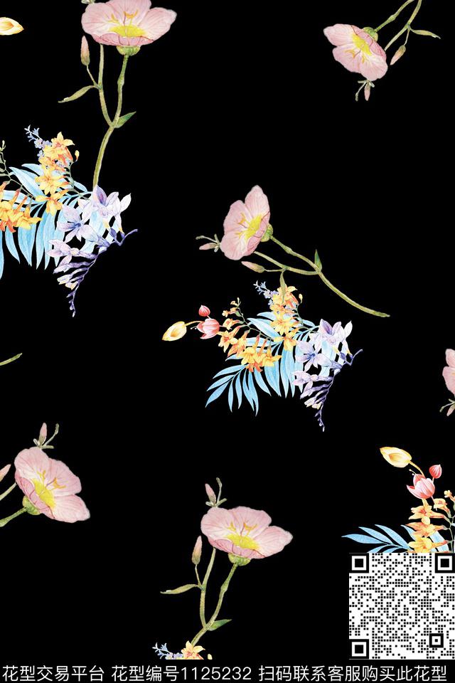 小碎花数码华亿平台黑底花卉数码印花华亿平台下载（图片编号: 1125232） - 瓦栏（Walan）