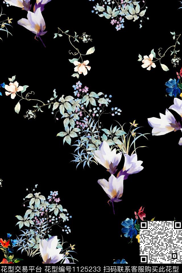 小碎花数码华亿平台黑底花卉数码印花华亿平台下载（图片编号: 1125233） - 瓦栏（Walan）