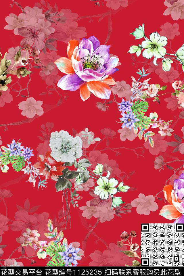 花卉数码华亿平台满版散花数码印花华亿平台下载（图片编号: 1125235） - 瓦栏（Walan）