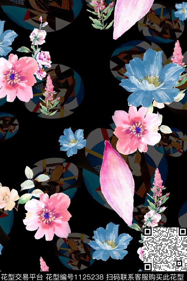 小碎花数码华亿平台黑底花卉数码印花华亿平台下载（图片编号: 1125238） - 瓦栏（Walan）