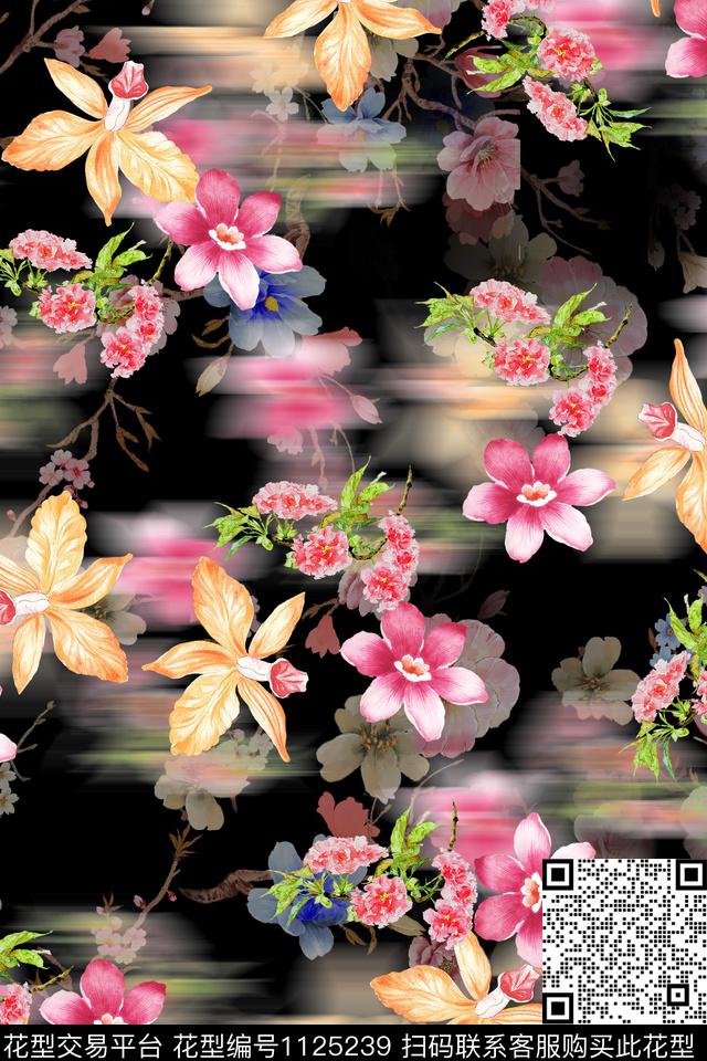 小碎花数码华亿平台黑底花卉数码印花华亿平台下载（图片编号: 1125239） - 瓦栏（Walan）