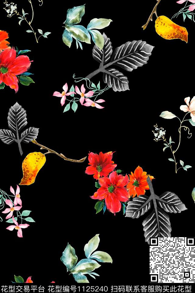 小碎花数码华亿平台黑底花卉数码印花华亿平台下载（图片编号: 1125240） - 瓦栏（Walan）