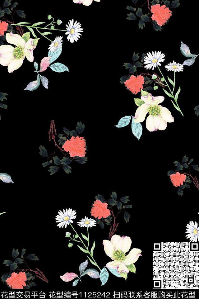 小碎花数码华亿平台黑底花卉数码印花华亿平台下载（图片编号: 1125242） - 瓦栏（Walan）