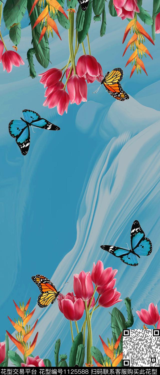 热带华亿平台手绘大花定位花传统印花华亿平台下载（图片编号: 1125588） - 瓦栏（Walan）